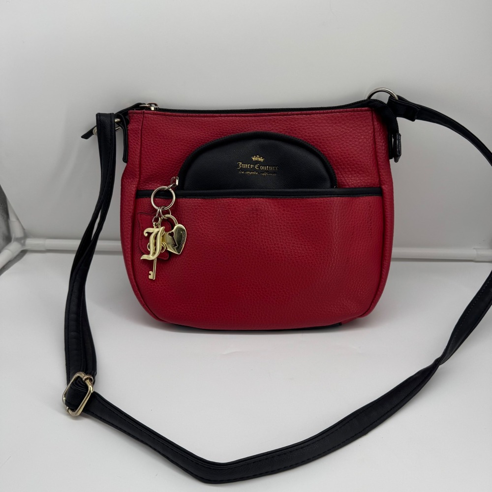 Juicy Couture Red & Black Faux Leather Crossbody Bag with Gold Charms